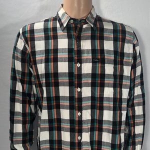 Matix brand green orange black white plaid dress shirt Mens Large fits Medium M